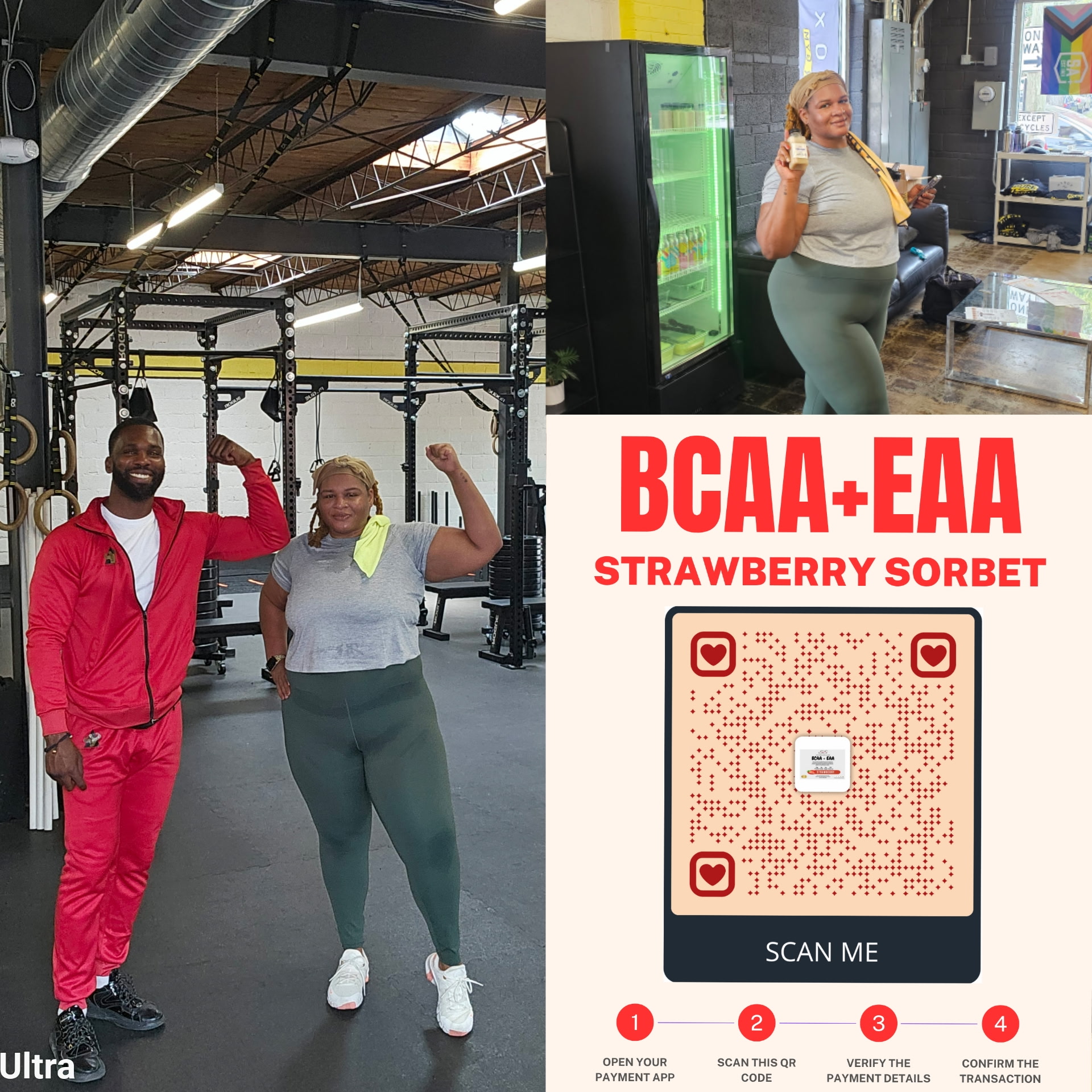 Member with a BCAA+EAA Strawberry Sorbet shake at the gym cooler
