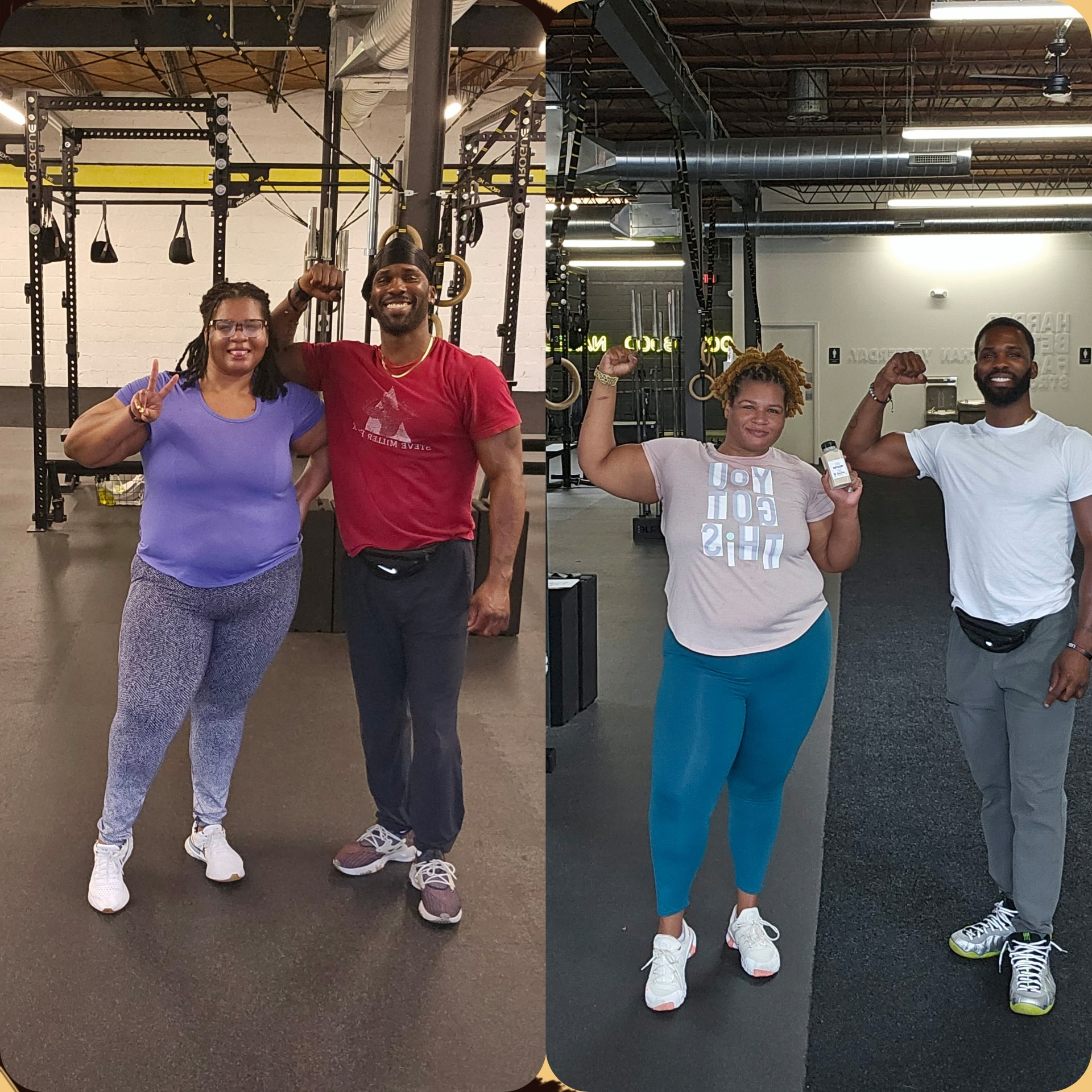 Client flexing with her coach before and after training with SMFit X