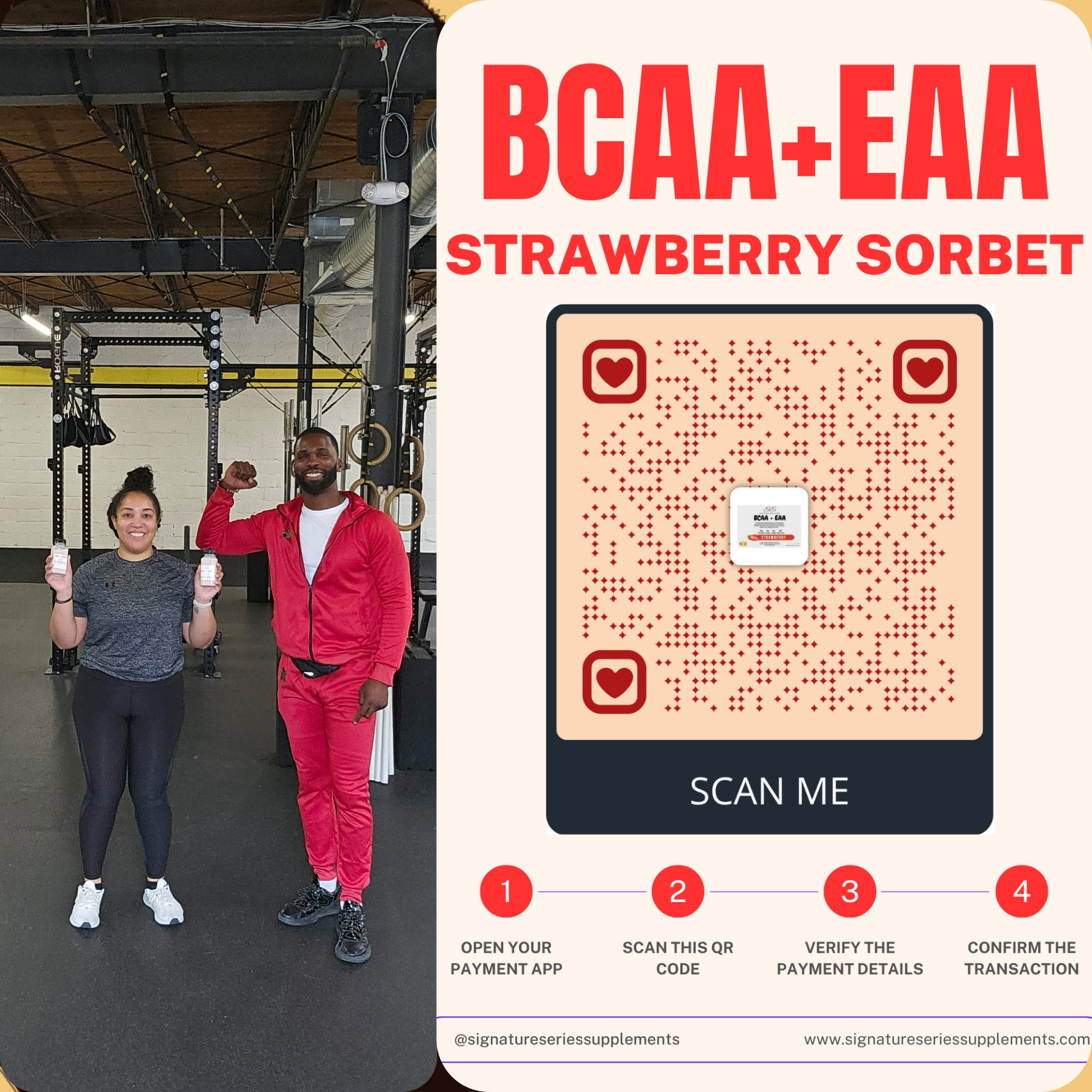 Coach and member celebrating with BCAA+EAA Strawberry Sorbet bottles in the gym