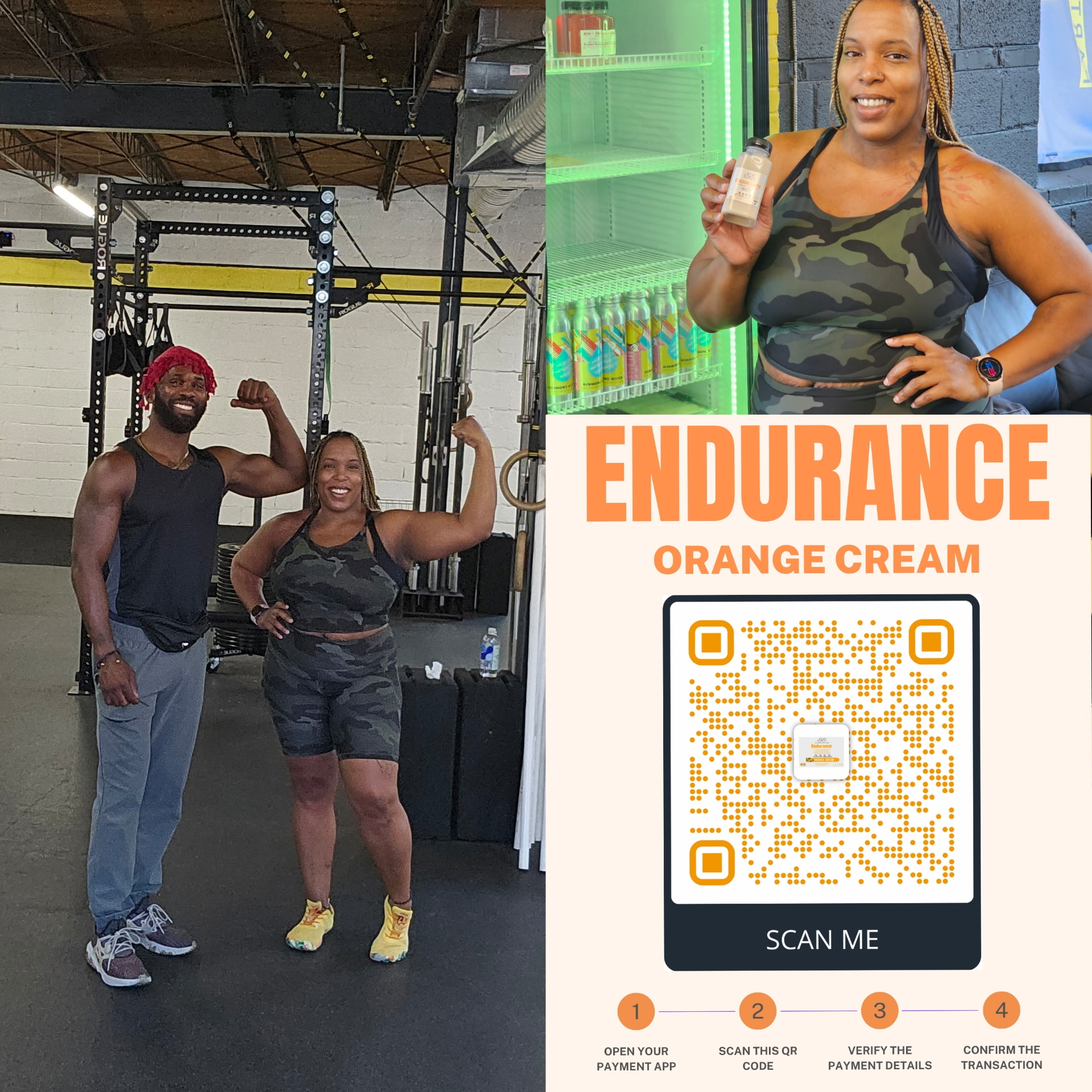 Athlete holding an ENDURANCE Orange Cream shake at the gym cooler